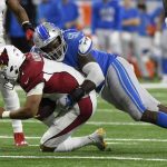 
              Arizona Cardinals quarterback Kyler Murray (1) is sacked by Detroit Lions outside linebacker Charles Harris (53) during the second half of an NFL football game, Sunday, Dec. 19, 2021, in Detroit. (AP Photo/Jose Juarez)
            