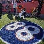
              Denver Broncos offensive tackle Garett Bolles (72) kneels at a tribute to former Denver Broncos wide receiver Demaryius Thomas before an NFL football game, Sunday, Dec. 12, 2021, in Denver. (AP Photo/Jack Dempsey)
            