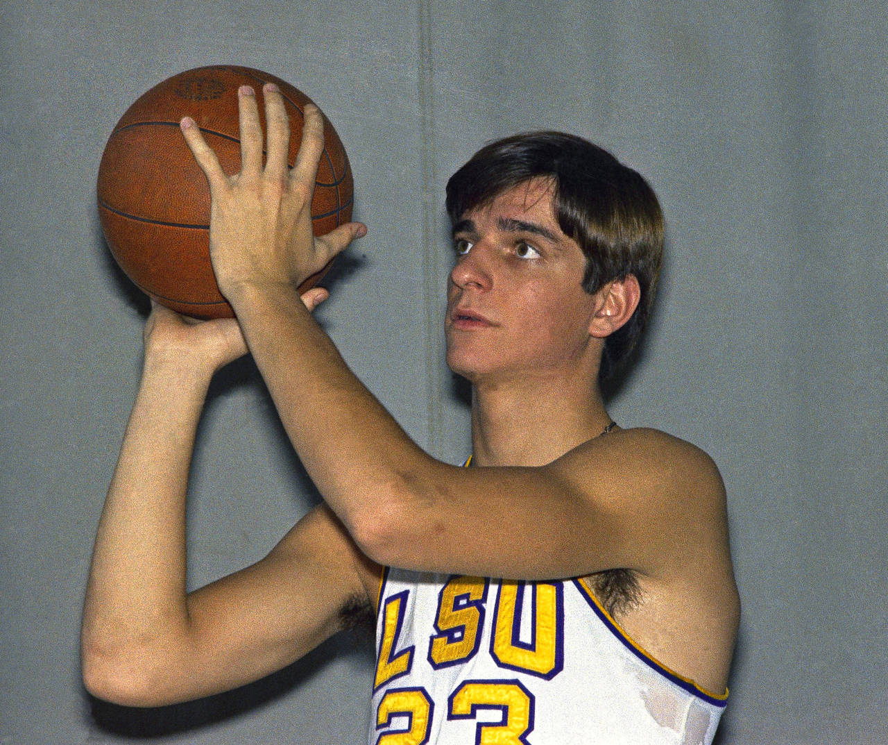 FILE - 'Pistol' Pete, Pete Maravich, basketball player for LSU, in posed action in New Orleans LA.,...