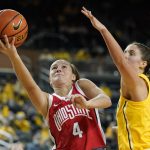 
              Ohio State guard Jacy Sheldon (4) attempts a layup as Michigan forward Emily Kiser (33) defends during the second half of an NCAA college basketball game, Friday, Dec. 31, 2021, in Ann Arbor, Mich. (AP Photo/Carlos Osorio)
            