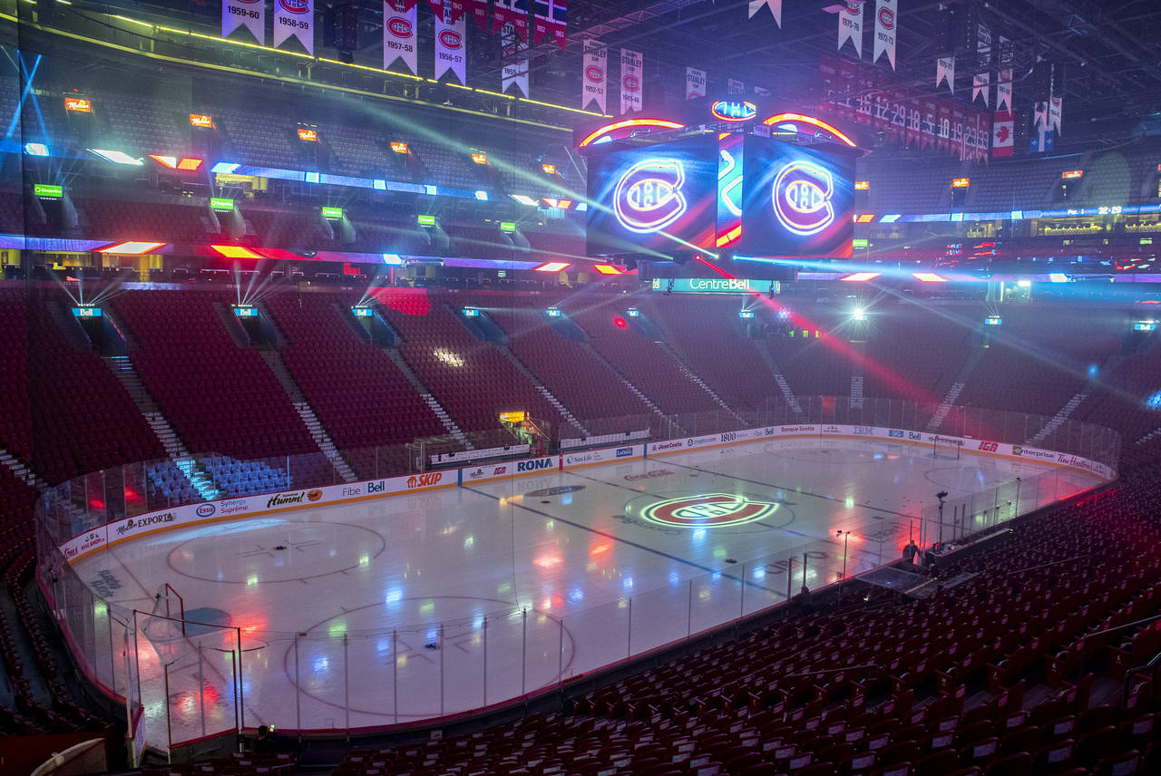 An empty Bell Centre is viewed in Montreal, Thursday, Dec. 16, 2021, ahead of an NHL hockey game be...