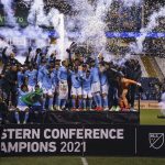 
              New York City FC celebrates after winning the Eastern Conference Championship following an MLS playoff soccer match against the Philadelphia Union, Sunday, Dec. 5, 2021, in Chester, Pa. (AP Photo/Chris Szagola)
            