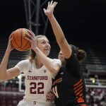 
              Stanford forward Cameron Brink (22) drives to the basket against Pacific center Elizabeth Elliott during the first half of an NCAA college basketball game in Stanford, Calif., Sunday, Dec. 12, 2021. (AP Photo/Jeff Chiu)
            