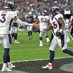 
              Denver Broncos quarterback Drew Lock (3) celebrates after running back Javonte Williams, right, scored a touchdown against the Las Vegas Raiders during the first half of an NFL football game, Sunday, Dec. 26, 2021, in Las Vegas. (AP Photo/David Becker)
            