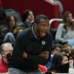 
              Detroit Pistons head coach Dwane Casey yells during the second half of an NBA basketball game against the Brooklyn Nets, Sunday, Dec. 12, 2021, in Detroit. (AP Photo/Carlos Osorio)
            