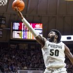 
              Purdue forward Trevion Williams (50) shoots during the second half of the team's NCAA college basketball game against Nicholls State, Wednesday, Dec. 29, 2021, in West Lafayette, Ind. (AP Photo/Doug McSchooler)
            