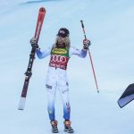 
              United States' Mikaela Shiffrin celebrates after winning an alpine ski, women's World Cup giant slalom, in Courchevel, France, Tuesday, Dec. 21, 2021. (AP Photo/Giovanni Maria Pizzato)
            