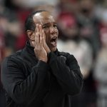 
              North Carolina State head coach Kevin Keatts reacts during the first half of an NCAA college basketball game against Louisville in Raleigh, N.C., Saturday, Dec. 4, 2021. (AP Photo/Gerry Broome)
            