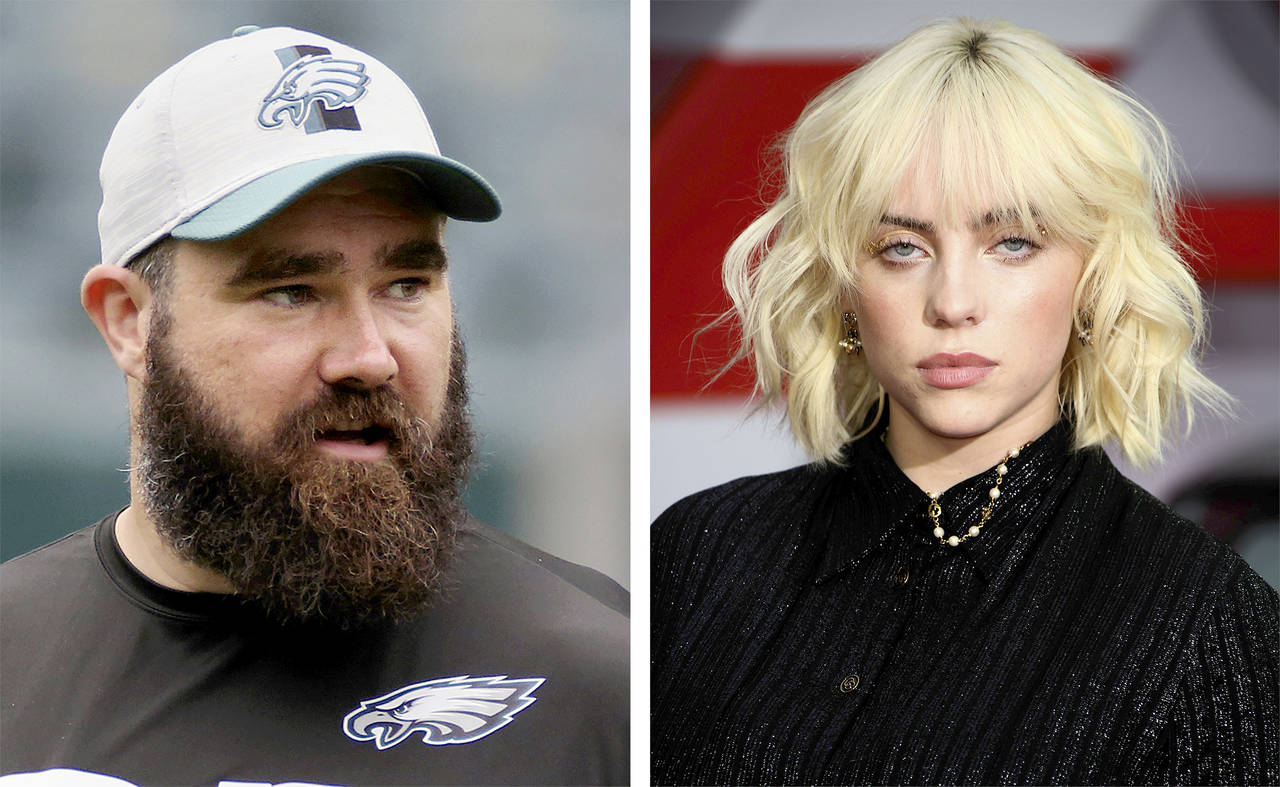 This combination of 2021 photos shows Philadelphia Eagles' Jason Kelce,, left, and Billie Eilish in...