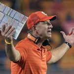 
              Clemson head coach Dabo Swinney reacts on the sideline after a play during the first half of the Cheez-It Bowl NCAA college football game against Iowa State, Wednesday, Dec. 29, 2021, in Orlando, Fla. (AP Photo/Phelan M. Ebenhack)
            