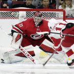 
              Carolina Hurricanes goaltender Frederik Andersen (31) stops a shot by Detroit Red Wings right wing Filip Zadina (11) during the second period of an NHL hockey game Thursday, Dec. 16, 2021, in Raleigh, N.C. (AP Photo/Chris Seward)
            