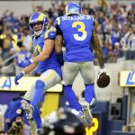 
              Los Angeles Rams wide receiver Odell Beckham Jr. (3) celebrates his touchdown catch with Cooper Kupp during the second half of an NFL football game against the Jacksonville Jaguars Sunday, Dec. 5, 2021, in Inglewood, Calif. (AP Photo/Jae C. Hong)
            
