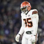 
              Cleveland Browns defensive end Myles Garrett reacts during the first half of an NFL football game against the Baltimore Ravens, Sunday, Nov. 28, 2021, in Baltimore. (AP Photo/Gail Burton)
            