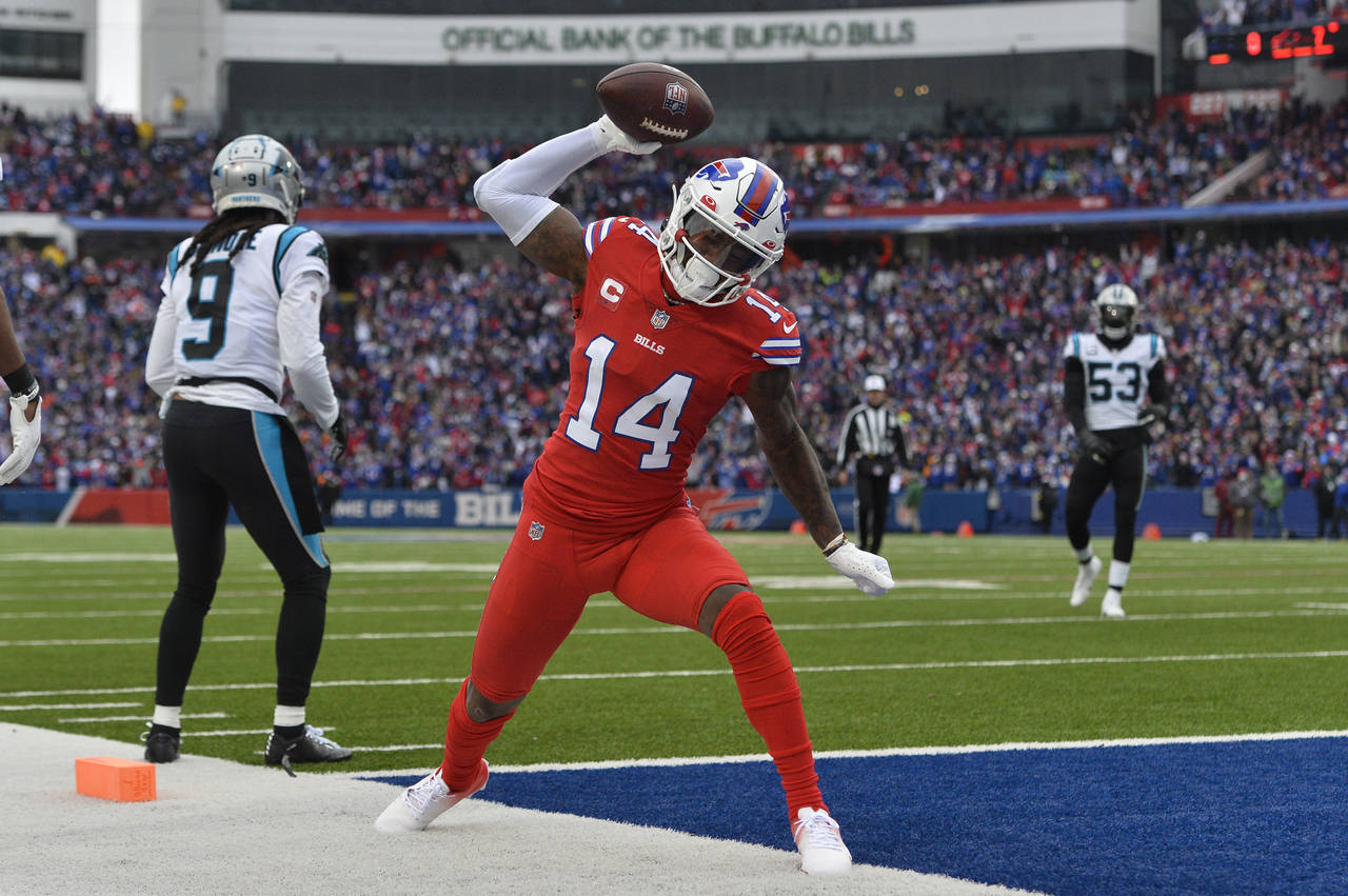Buffalo Bills wide receiver Stefon Diggs (14) celebrates after scoring a touchdown in the first hal...