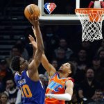 
              Phoenix Suns forward Jalen Smith (10) shoots over Oklahoma City Thunder guard Aaron Wiggins, right, during the first half of an NBA basketball game Wednesday, Dec. 29, 2021, in Phoenix. (AP Photo/Ross D. Franklin)
            