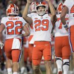 
              Clemson place kicker B.T. Potter (29) reacts after kicking a field goal during the first half of the Cheez-It Bowl NCAA college football game against Iowa State, Wednesday, Dec. 29, 2021, in Orlando, Fla. (AP Photo/Phelan M. Ebenhack)
            