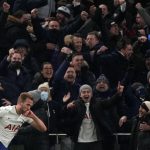 
              Tottenham's Harry Kane celebrates after scoring his side's opening goal during the English Premier League soccer match between Tottenham Hotspur and Liverpool at the Tottenham Hotspur Stadium in London, Sunday, Dec. 19, 2021. (AP Photo/Frank Augstein)
            