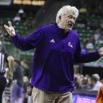 
              Northwestern State coach Mike McConathy reacts to a play against Baylor during the first half of an NCAA college basketball game Tuesday, Dec. 28, 2021, in Waco, Texas. (AP Photo/Rod Aydelotte)
            