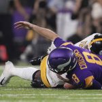 
              Minnesota Vikings quarterback Kirk Cousins (8) loses the ball on a rush, as Pittsburgh Steelers' Derrek Tuszka (48) and Taco Charlton defend during the fourth quarter of an NFL football game Thursday, Dec. 9, 2021, in Minneapolis. (Anthony Souffle/Star Tribune via AP)
            