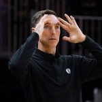 
              Brooklyn Nets coach Steve Nash watches from the bench during the first half of the team's NBA basketball game against the Atlanta Hawks on Friday, Dec. 10, 2021, in Atlanta. (AP Photo/John Bazemore)
            