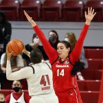 
              Georgia's Jenna Staiti (14) pressures North Carolina State's Camille Hobby (41) during the first half of an NCAA college basketball game, Thursday, Dec. 16, 2021, in Raleigh, N.C. (AP Photo/Karl B. DeBlaker)
            