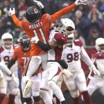
              Arizona Cardinals cornerback Byron Murphy (7) breaks up a pass intended for Chicago Bears wide receiver Darnell Mooney during the second half of an NFL football game Sunday, Dec. 5, 2021, in Chicago. The Cardinals won 33-22. (AP Photo/Nam Y. Huh)
            