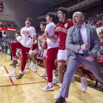 
              Indiana players and staff reacts on the sideline during the second half of a NCAA college basketball game against Nebraska, Saturday, Dec. 4, 2021, in Bloomington, Ind. (AP Photo/Doug McSchooler)
            