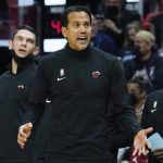 
              Miami Heat head coach Erik Spoelstra reacts to a call during the first half of an NBA basketball game after the game, Monday, Dec. 6, 2021, in Miami. (AP Photo/Marta Lavandier)
            