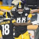
              Pittsburgh Steelers tight end Pat Freiermuth (88) celebrates with wide receiver Diontae Johnson (18) after making a catch for a two-point conversion against the Baltimore Ravens during the second half of an NFL football game, Sunday, Dec. 5, 2021, in Pittsburgh. (AP Photo/Gene J. Puskar)
            