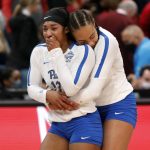 
              Pittsburgh's Leketor Member-Meneh, left, and teammate Serena Gray react following a semifinal loss to Nebraska in the NCAA women's college volleyball tournament Friday, Dec. 17, 2021, in Columbus, Ohio. (AP Photo/Paul Vernon)
            