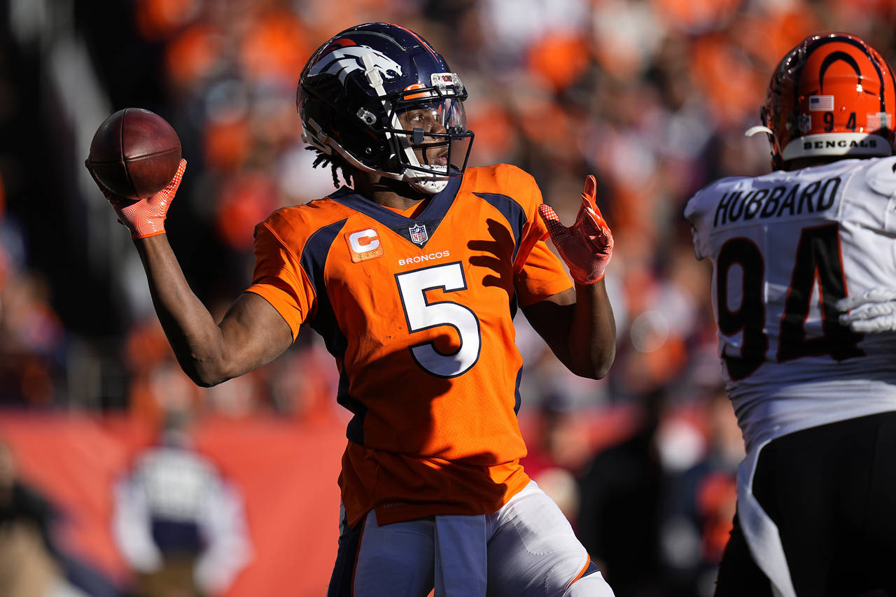 Denver Broncos wide receiver Tim Patrick (81) celebrates a touchdown  against the Cincinnati Bengals in the first half of an NFL football game  Sunday, Dec 19, 2021, in Denver. (AP Photo/Bart Young