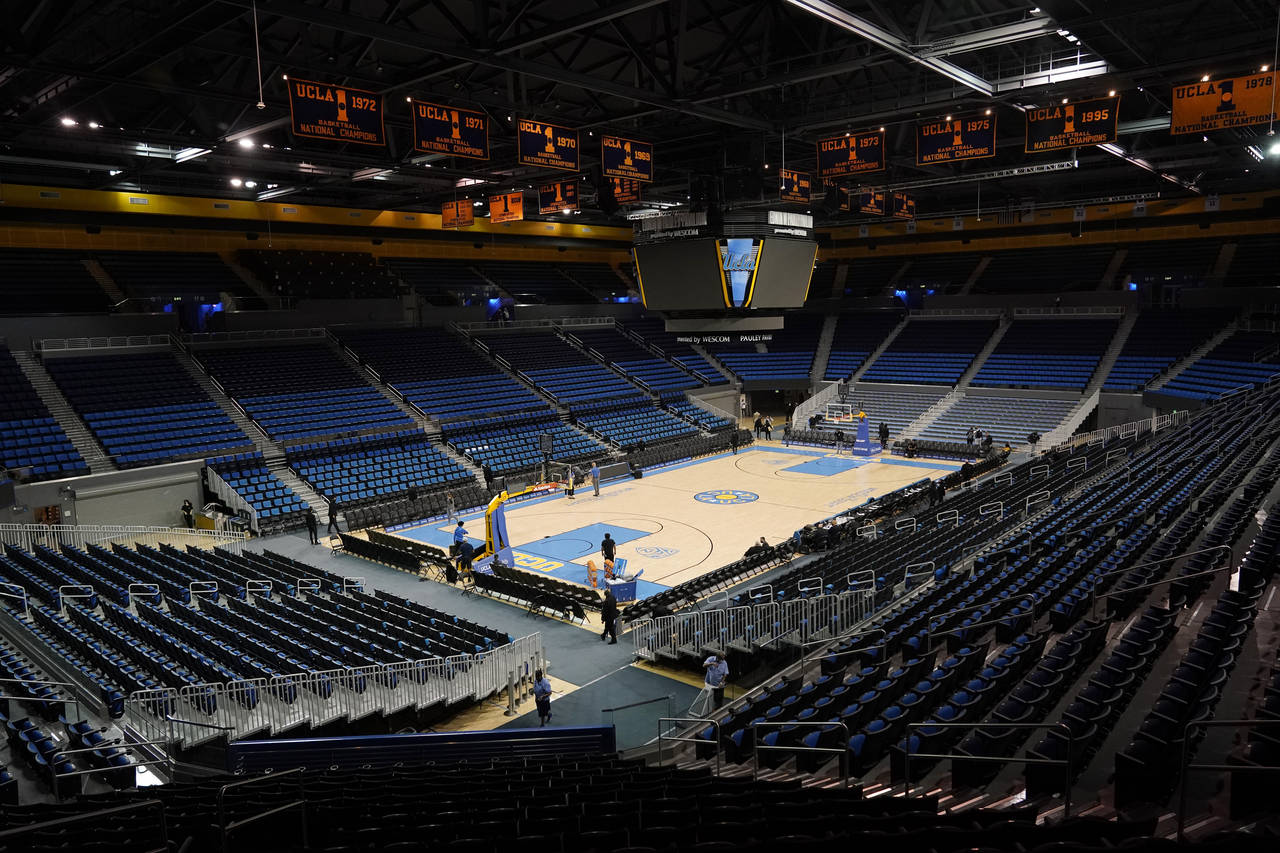 An empty Pauley Pavilion is seen before an NCAA college basketball game between UCLA and Alabama St...
