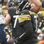 
              Pittsburgh Steelers quarterback Ben Roethlisberger (7) celebrates with offensive tackle Joe Haeg (71) after scoring a touchdown against the Tennessee Titans during the second half of an NFL football game, Sunday, Dec. 19, 2021, in Pittsburgh. (AP Photo/Don Wright)
            