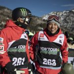 
              Ruka Hirano, at right, of Japan, talks with Yuto Totsuka, left, of Japan, following their run in the snowboarding halfpipe finals, Sunday, Dec. 19, 2021, during the Dew Tour at Copper Mountain, Colo. (AP Photo/Hugh Carey)
            