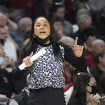 
              South Carolina head coach Dawn Staley communicates with players during the second half of an NCAA college basketball game against Maryland Sunday, Dec. 12, 2021, in Columbia, S.C.  (AP Photo/Sean Rayford)
            