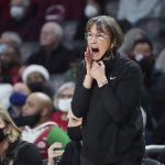 
              Stanford coach Tara VanDerveer shouts to players during the first half of the team's NCAA college basketball game against South Carolina on Tuesday, Dec. 21, 2021, in Columbia, S.C. (AP Photo/Sean Rayford)
            