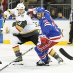 
              Vegas Golden Knights defenseman Brayden McNabb (3) skates against New York Rangers right wing Ryan Reaves (75) during the second period of an NHL hockey game, Friday, Dec. 17, 2021, at Madison Square Garden in New York. (AP Photo/Mary Altaffer)
            
