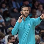 
              Charlotte Hornets head coach James Borrego gestures during the first half of the team's NBA basketball game against the Houston Rockets, Monday, Dec. 27, 2021, in Charlotte, N.C. (AP Photo/Matt Kelley)
            