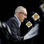 
              FILE - Greg Sankey, commissioner of the Southeastern Conference speaks during a news conference on March 12, 2020, in Nashville, Tenn. Over the past two years Sankey has helped the conference land a new additional $350 million television rights deal with ESPN and guided it through the uncertainty of the pandemic.  (AP Photo/Mark Humphrey, File)
            