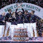 
              The Russian Tennis Federation team celebrate with the trophy after winning the Davis Cup tennis final at the Madrid Arena in Madrid, Spain, Sunday, Dec. 5, 2021. (AP Photo/Bernat Armangue)
            