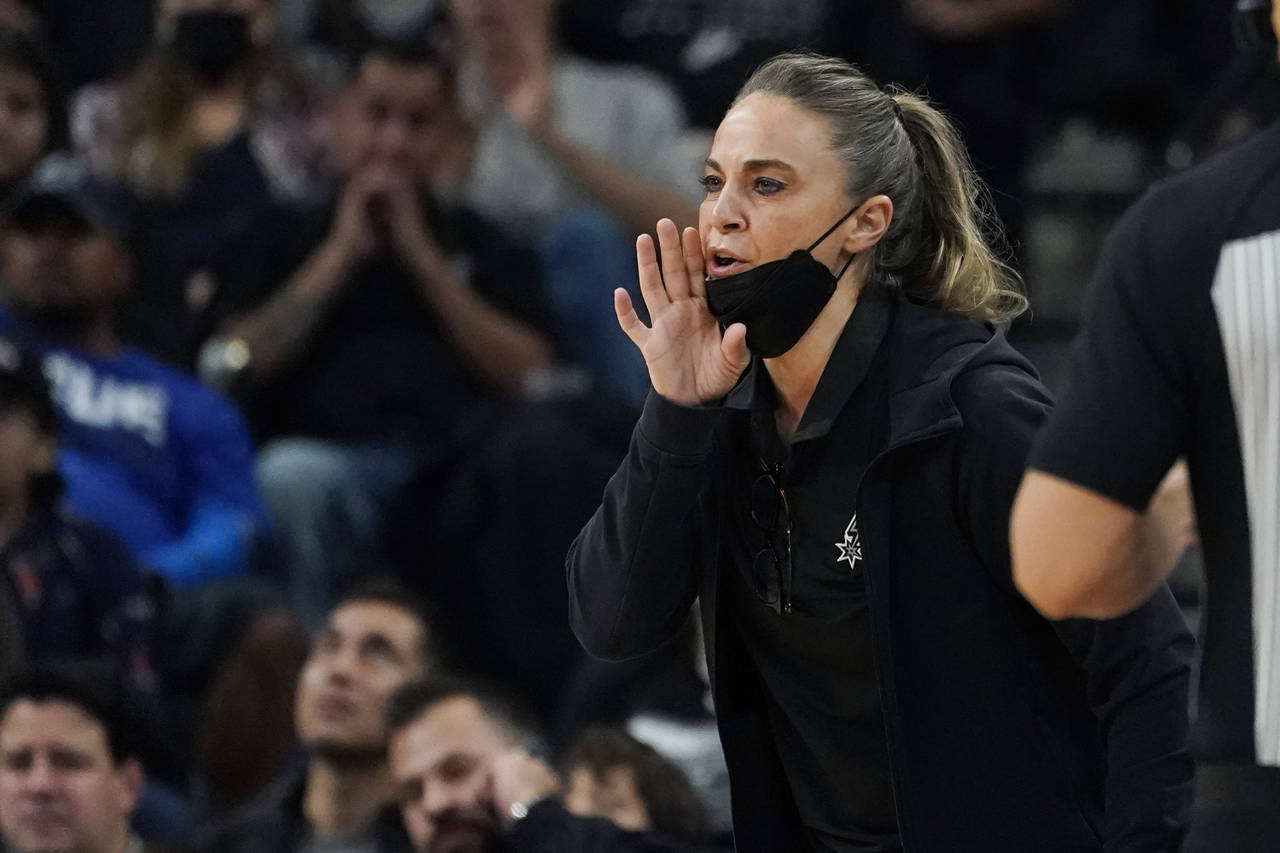 FILE - San Antonio Spurs assistant coach Becky Hammon during the first half of an NBA basketball ga...