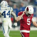 
              Arizona Cardinals kicker Matt Prater (5) looks down after a missed field goal against the Indianapolis Colts during the second half of an NFL football game, Saturday, Dec. 25, 2021, in Glendale, Ariz. (AP Photo/Ross D. Franklin)
            