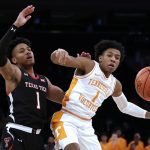 
              Tennessee guard Kennedy Chandler and Texas Tech guard Terrence Shannon Jr. watch the ball during the first half of an NCAA college basketball game in the Jimmy V Classic on Tuesday, Dec. 7, 2021, in New York. (AP Photo/Adam Hunger)
            