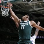 
              Michigan State's A.J. Hoggard (11) puts up a lay-up against High Point during the second half of an NCAA college basketball game, Wednesday, Dec. 29, 2021, in East Lansing, Mich. Michigan State won 81-68. (AP Photo/Al Goldis)
            