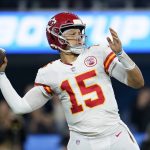 
              Kansas City Chiefs quarterback Patrick Mahomes throws a pass during the first half of an NFL football game against the Los Angeles Chargers, Thursday, Dec. 16, 2021, in Inglewood, Calif. (AP Photo/Marcio Jose Sanchez)
            