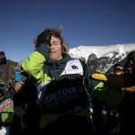 
              Red Gerard, of the United States, reacts to his results in the slopestyle finals, Saturday, Dec. 18, 2021, during the Dew Tour snowboarding event at Copper Mountain, Colo. (AP Photo/Hugh Carey)
            