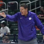 
              Clemson head coach Brad Brownell gestures during the first half of an NCAA college basketball game against Miami, Saturday, Dec. 4, 2021, in Coral Gables, Fla. (AP Photo/Marta Lavandier)
            