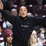 
              South Carolina coach Dawn Staley gestures during the second half of the team's NCAA college basketball game against Kansas State on Friday, Dec. 3, 2021, in Columbia, S.C. (AP Photo/Sean Rayford)
            