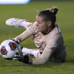 
              Florida State goalkeeper Cristina Roque (1) makes a save on a kick by BYU during the second half of the NCAA College Cup women's soccer final, Monday, Dec. 6, 2021, in Santa Clara, Calif. (AP Photo/Tony Avelar)
            