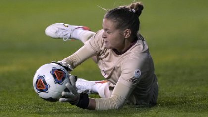Florida State goalkeeper Cristina Roque (1) makes a save on a kick by BYU during the second half of...